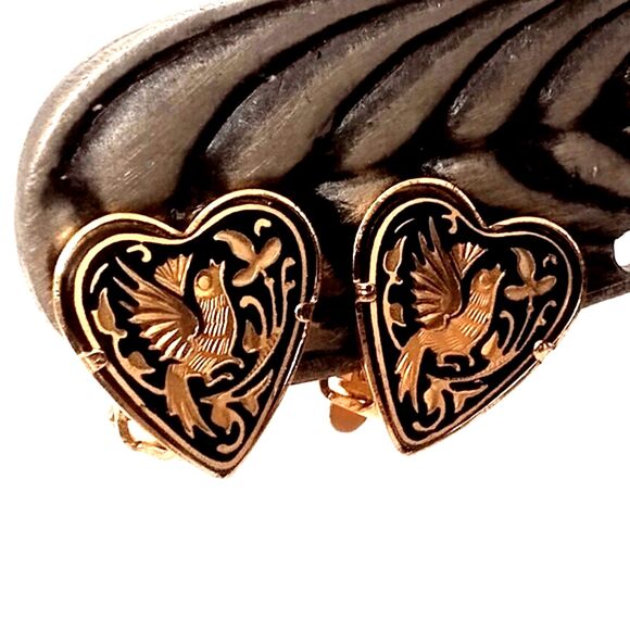 Vtg Spanish Damascene NOS Toledo Ware Bird and Heart Clip Earrings - Picture 4 of 7